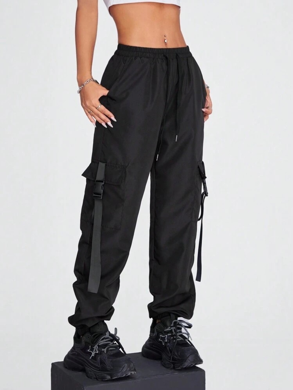 SHEIN Tactical Cargo Pants With Pockets And Buckles Size S Drawstring Punk